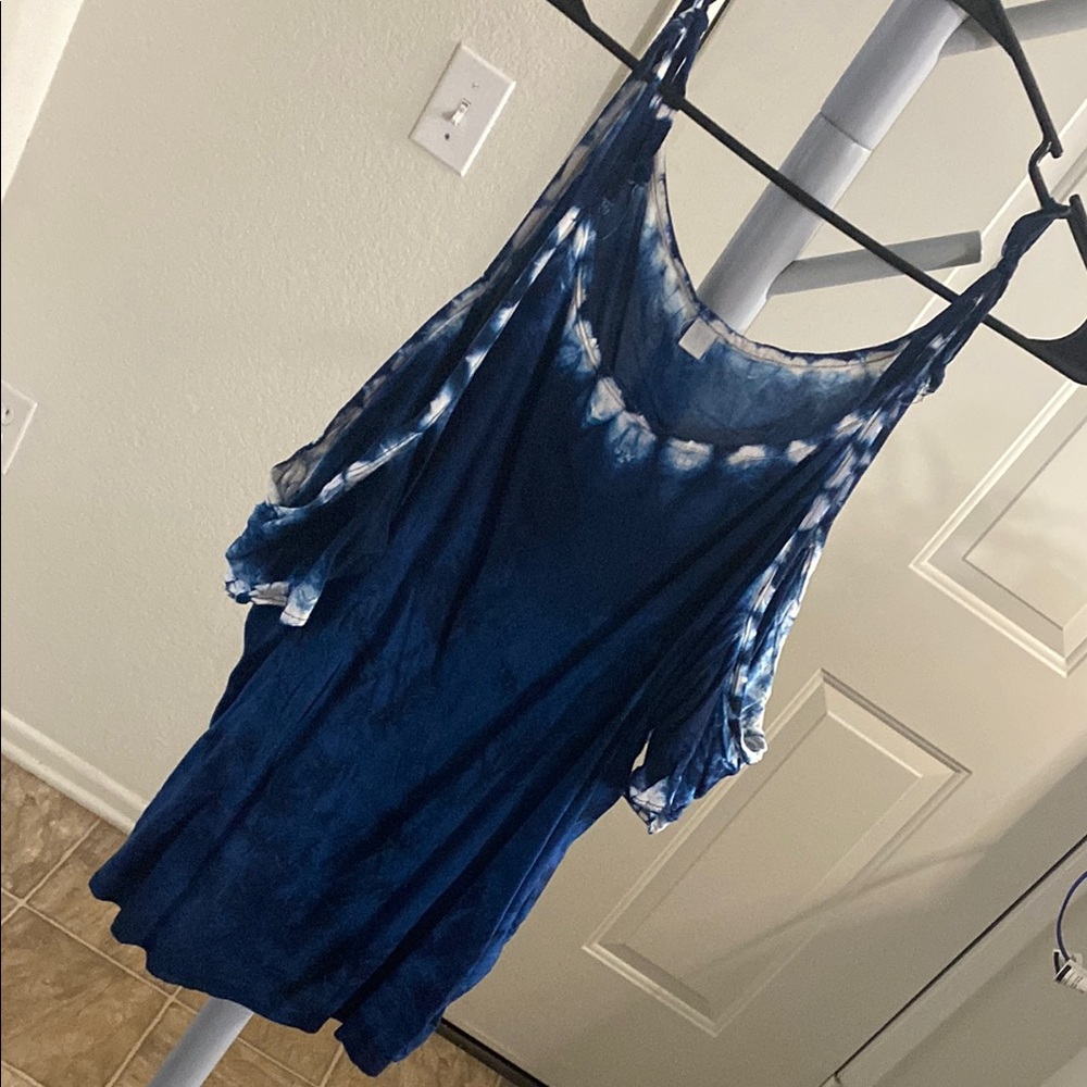 Blue and White Cold Shoulder Top